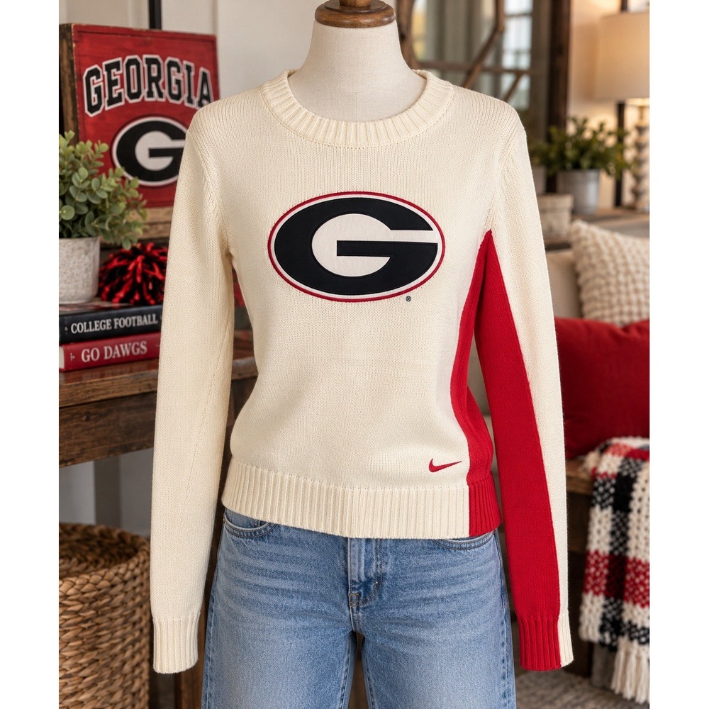 Vintage 2004 Nike Georgia Bulldogs Sweater Womens XS Cream Red Y2K NCAA Cotton